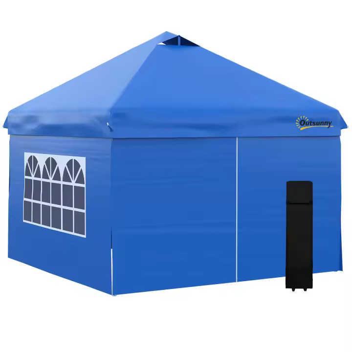 Outsunny Cenador Plegable de 3x3m, 4 Paredes Laterales con Ventana, Puerta, Carpa, Carpa de Jardín, Carpa Emergente, Incluye Estacas, Cuerdas Tensoras, Bolsa de Transporte, Metal Oxford Azul - 1