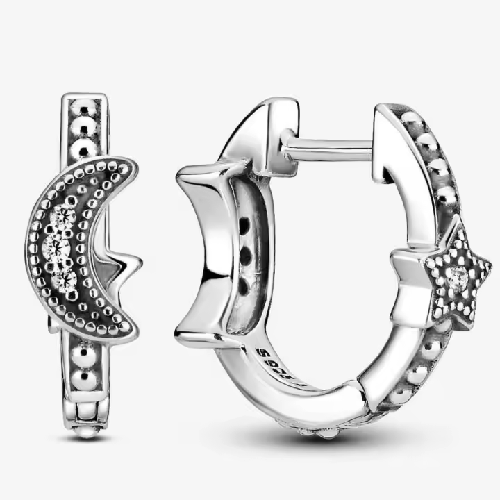 Pandora Pendientes de Aro en Plata de Ley Gancho de cuentas con forma de media luna y estrella，Incluye Caja Original - 1
