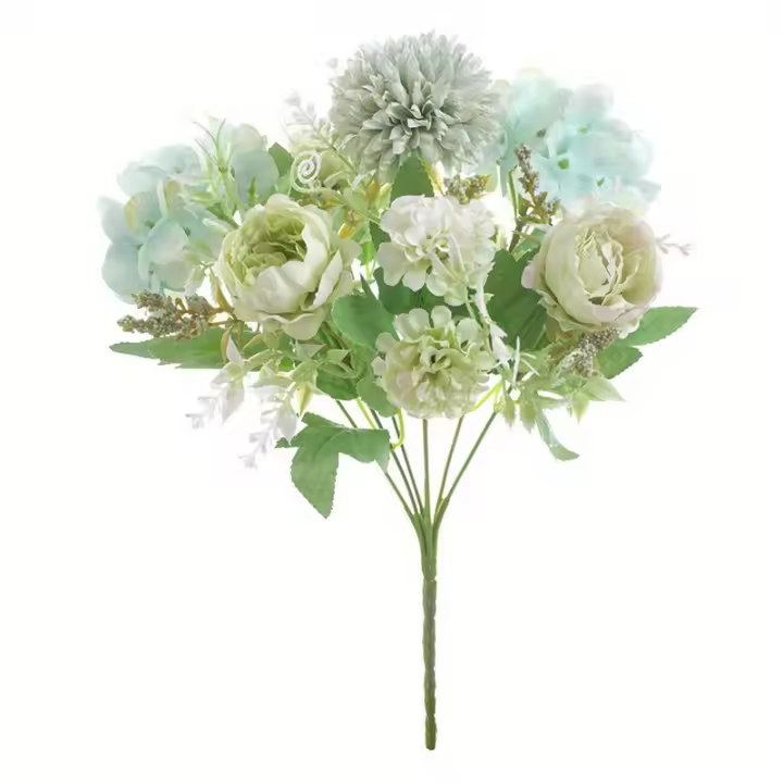 Flores artificiales, 2 racimos falso peonía seda Hortensia ramo decoración plástico Clavel Margarita (verde) - 1