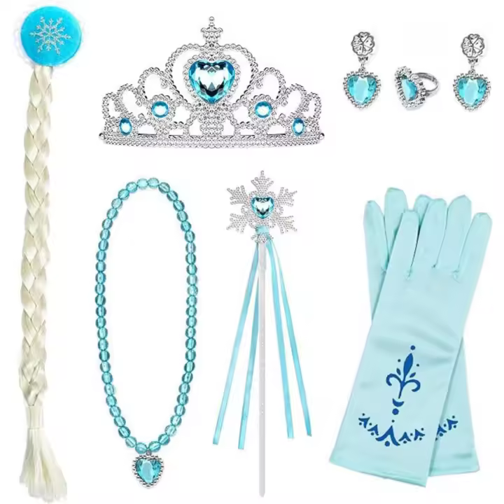 XOKOTAKI  Kit de Accesorios de Princesa, 7 Piezas: Anillo, Pendientes, Guantes, Varita de Copo de Nieve, Corona con Diadema, Clip de Pelo con Trenza Rubia para Niñas de 3 a 10 Años. - 1