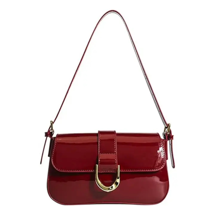 Bolso De Hombro Retro De Cuero Patentado Para Mujer Con Correa Ajustable Y Cierre De Flap Bolso Satchel De Color Sólido Bolsa De Axila Cruzada - 1