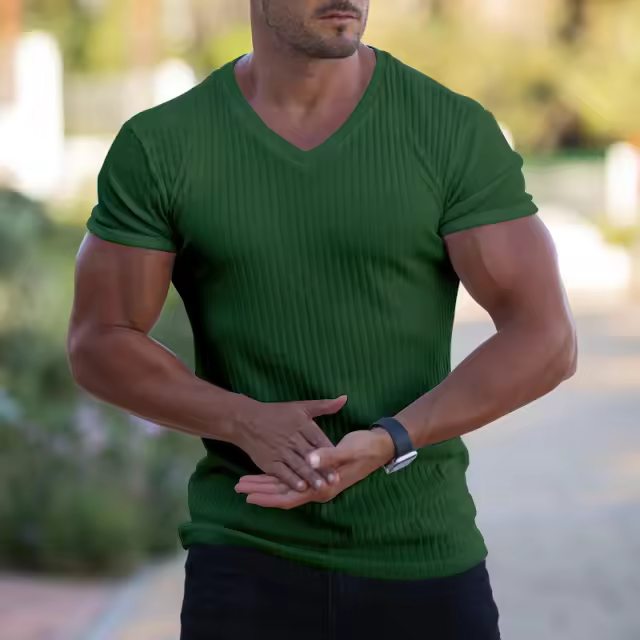 Camiseta De Hombre Con Cuello En V Y Manga Corta Para Fitness Y Gimnasio Verano Estilo Casual Color Sólido Moda Slim Fit - 1