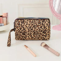 Bolso De Maquillaje Para Mujer En Amarillo Con Patrón De Leopardo Caja De Cosméticos De Tres Capas Bolso De Viaje Monedero Pequeño De Nylon Estilo Fashion - details 4