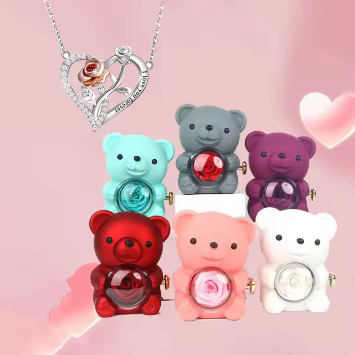 Collar Colgante De Corazón Con Zirconia Y Oso Flores Rosa Caja De Regalo De Lujo Joyería Romántica Para Fiesta De Navidad 2024 - 1