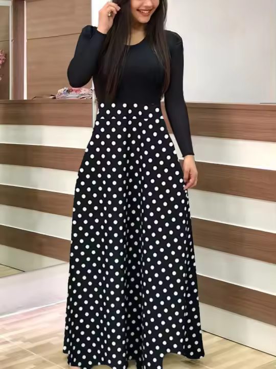 Vestido Maxis Polka Dot De Comodidad Todas Las Estaciones Cintura Alta Elegante Estilo A-Line Tejido Duradero Para Mujer - 1