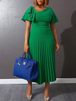 Vestido Midi Plisado Para Mujer Con Manga Corta Y Volantes Elegante Verde Amarillo A-Line Primavera Verano Chic Moda Fiesta Cumpleaños Ropa Decoración Borde Asimétrico Estilo Africano Cierre De Cremallera - details 4