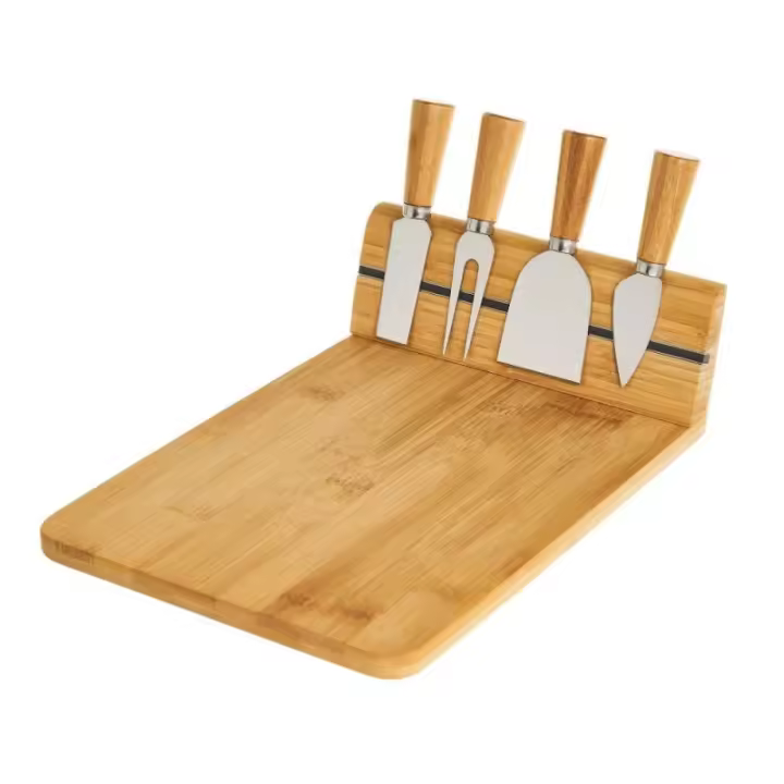 Dcasa Tabla para cortar y 4 cubiertos de queso de bambú natural de 30x20x8 cm - 1