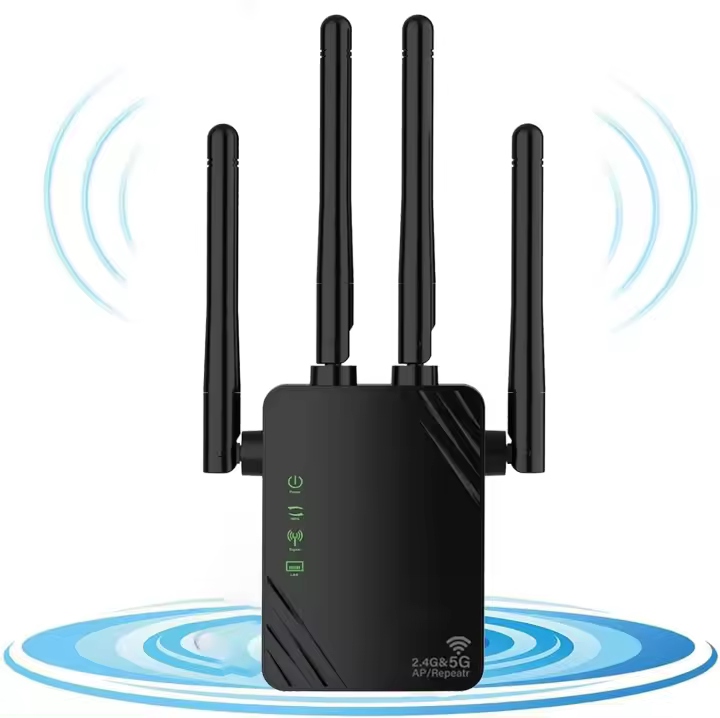 BIT Repetidor WiFi, repetidor WiFi de doble banda 2,4G/5G 1200Mbps, amplificador WiFi, que cubre hasta 10,000 pies cuadrados, 2 puertos LAN para el hogar y la oficina, fácil de usar, negro - 1