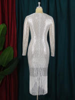 Vestido De Fiesta Para Mujer AOMEI Con Lentejuelas Plateadas Manga Larga Y Abertura En La Parte Inferior Estilo Bodycon Elegante Con Flecos Vestido De Cocktail Para Eventos De Mediana Longitud - details 6