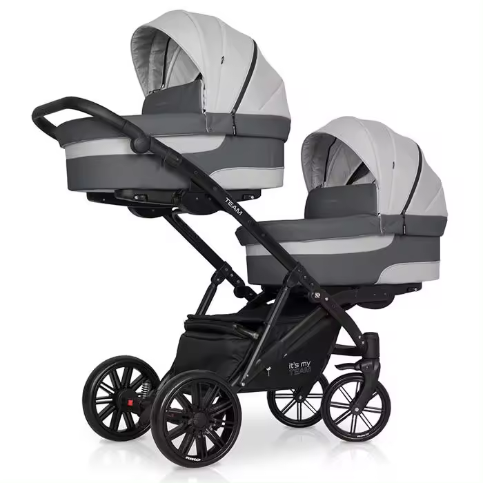 Carrinho de gémeos (2 assentos + 2 alcofas) + Kite 0+ Isofix Ready Riko TEAM Grey Fox - 1