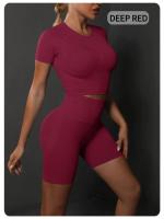 SSITO Nuevo conjunto de Pantalones cortos de manga cortos de Yoga de color sólido de melalgodón sin costura para correr, deportes y Fitness conjunto de Dos piezas - details 14