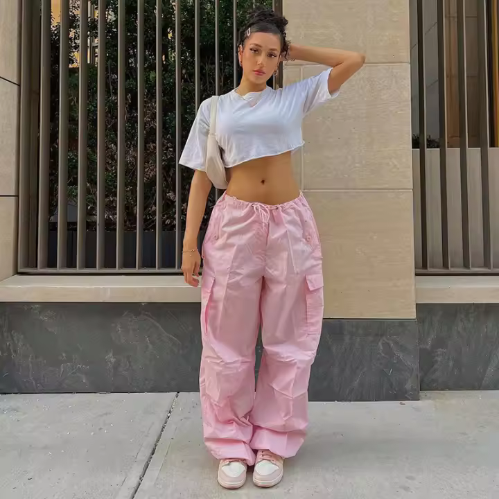 Pantalones Cargo Holgados Y2K Para Mujer Talla Grande Cintura Baja Estilo Streetwear Con Bolsillos Y Cinturón De Poliéster - 1