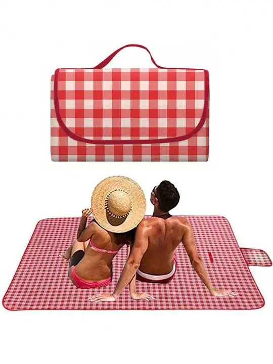 Manta De Picnic 140x190cm Roja a Cuadros Lavable Y Ligera Con Manija Para Senderismo Viajes Al Aire Libre Y Camping En Parques - 1