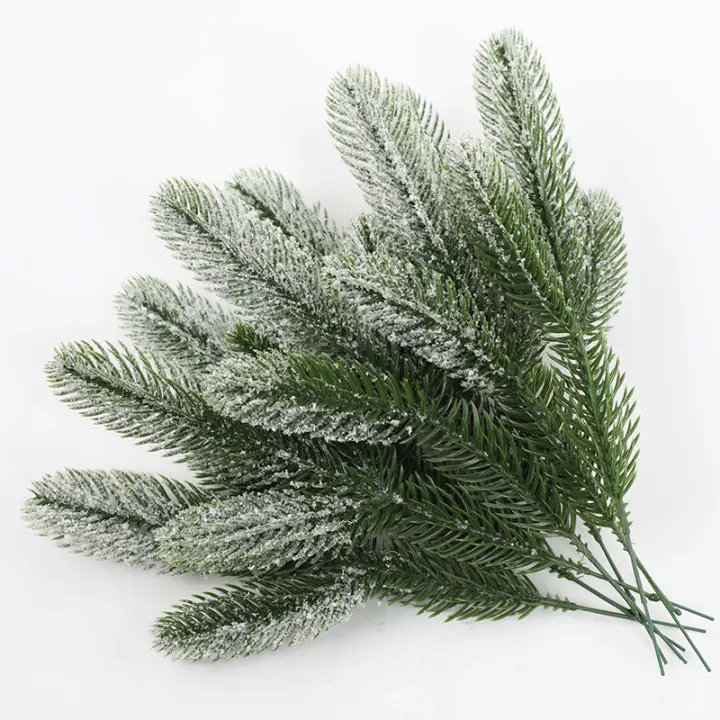 6Pcs/Pack Ramas De Pino Navideñas Artificiales Para Adornos De Casa Y Árbol De Navidad Decoración De Año Nuevo Blanco Y Verde - 1