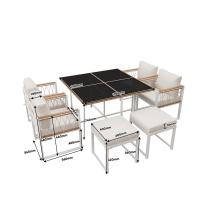 Juego de Mesa y Sillas de Comedor de Exterior de 7 Piezas, 6 Asientos, Mesa de Cristal Templado, Envuelve en Ratán PE, Tapa de Madera de Acacia con Apoybrazos, Jardines. - details 7