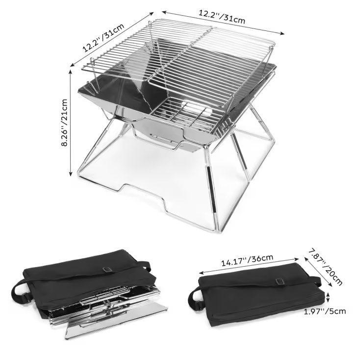 BOPORO Parrilla de Acero Inoxidable Premium 304 - Portátil y Compacta para Camping, Senderismo y Viajes - 1