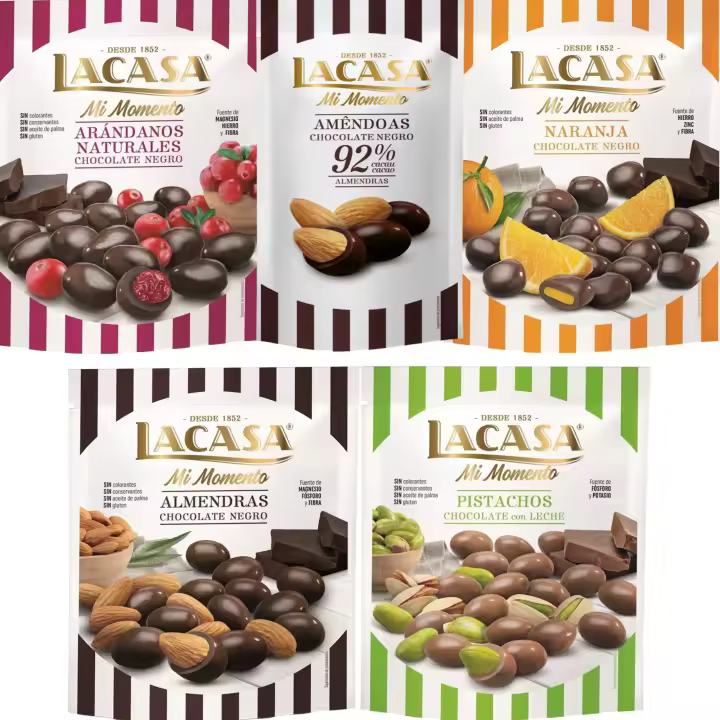 Lacasa Mi Momento pack de 5:Almendra 92% 65G,Arándano choco Negro 125G,Almendra choco Negro 125G,Naranja choco Negro 125G,Pistacho Leche 100G - 1