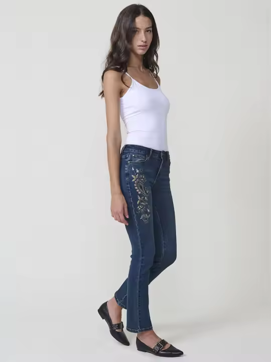 Koroshi - Vaqueros slim mujer de denim elástico con bordado floral dorado en pernera y bajo, azul oscuro 69% algodón, 28% poliéster, 3% elastano - 1