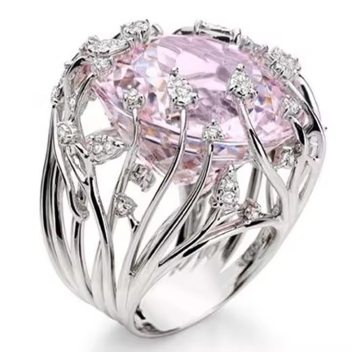 Andara  Sterling Silver Ring Inlaid Pink Crystal Zircon Exaggerated Ring For Woman Wedding Jewelry Gift - 1