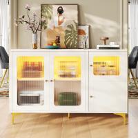 Aparador Blanco Moderno y minimalist (140x40x90 cm), Diseño de Puerta de Vidrio Changhong, Luz Ambiente Cálida integrada, with detalles decorativos de metal y Amplio Espacio de almacenamiento, ajustado para comedor - details 0