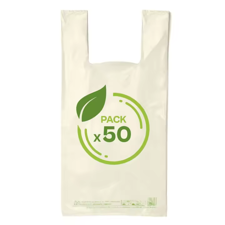 Rcocio Pack 50 Bolsas Biodegradables Compostables Reutilizables 50x60 con Asas Camiseta para Compra y Transporte - 1