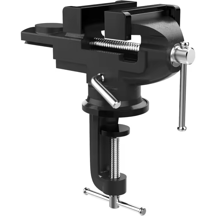 Tornillos de banco con mordaza de 70 mm de ancho, base giratoria de 360 grados, abrazadera de mesa para trabajar la madera y el metal, aserrado, color negro - 1