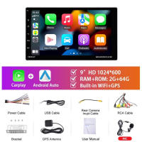 Radio Multimedia con GPS para coche, reproductor de vídeo con cámara de visión trasera, Carplay, Android13, WIFI, Bluetooth, 9 pulgadas 2.5D espejo de vidrio templado, 1DIN, 2 + 64G Con cámara AHD - details 3