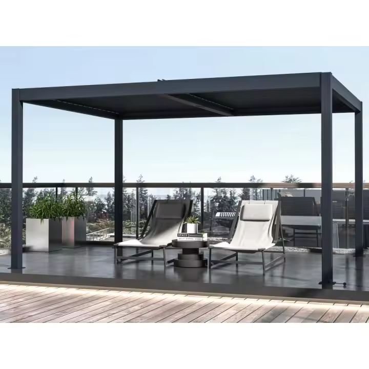 Vente-unique - Pérgola bioclimática autoportante eléctrico de aluminio con hojas orientables 12 m² antracita - AMADORA - 1