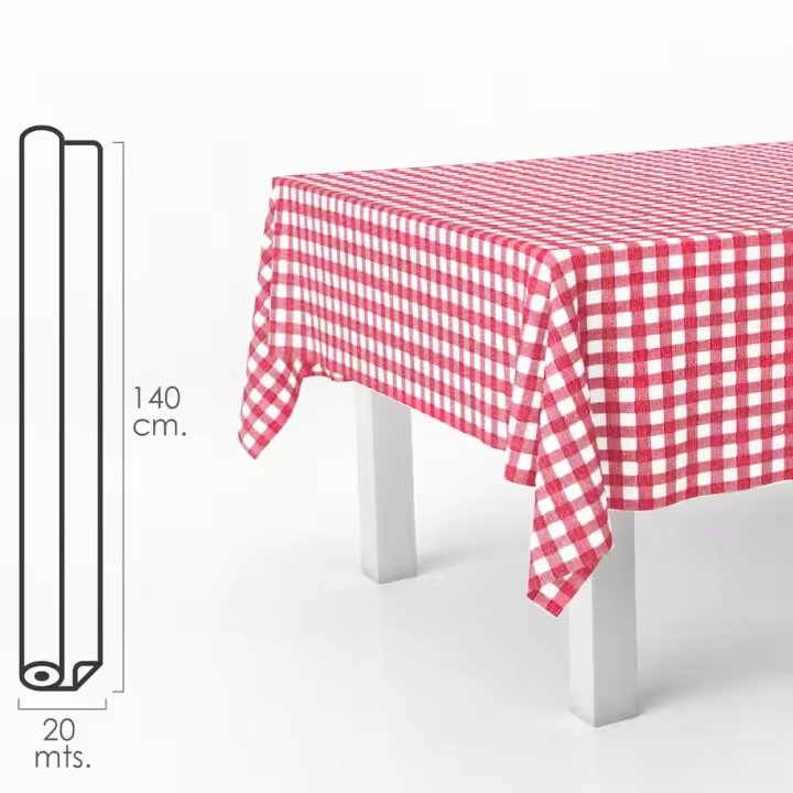 Mantel Hule Rectangular Cuadros Rojos. Impermeable Antimanchas PVC 140 cm. x 20 metros. Rollo Recortable. Interior y Exterior - 1