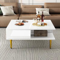 Mesa de Centro cuadrada Blanca DE ALTO Brillo con dos compartimentos, Dos compartimentos y patitas de color Dorado-70x70x36 cm - Capacidad de carga hasta 30 kg - details 0