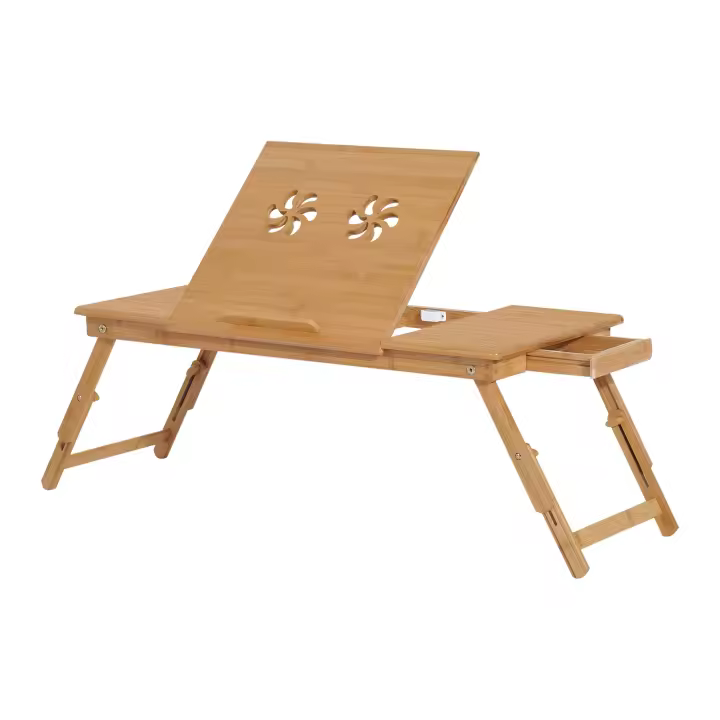 HOMCOM Mesa de Ordenador Portátil Bambú Bandeja de Cama Desayuno Plegable Reclinable Altura Ajustable Soporte Escritorio de regazo 1 Cajón 72x35x22-30cm - 1