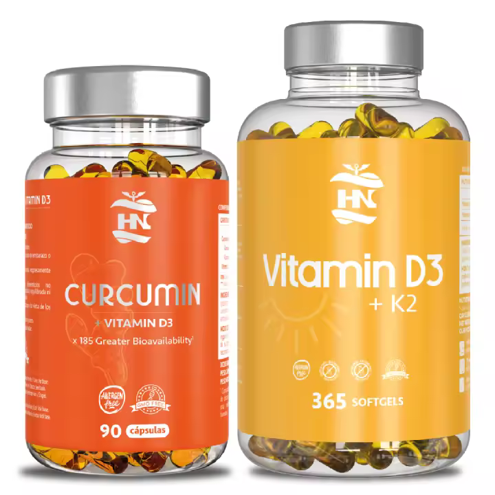 HN - Healthy Nutrition - Pack Vitamina D3 & Curcuma -365 Cápsulas de vitamina D3 K2 – Vitamina D (5000 UI) altamente concentrada y Curcuma liquida en capsulas liposomada, 90 cápsulas. - 1