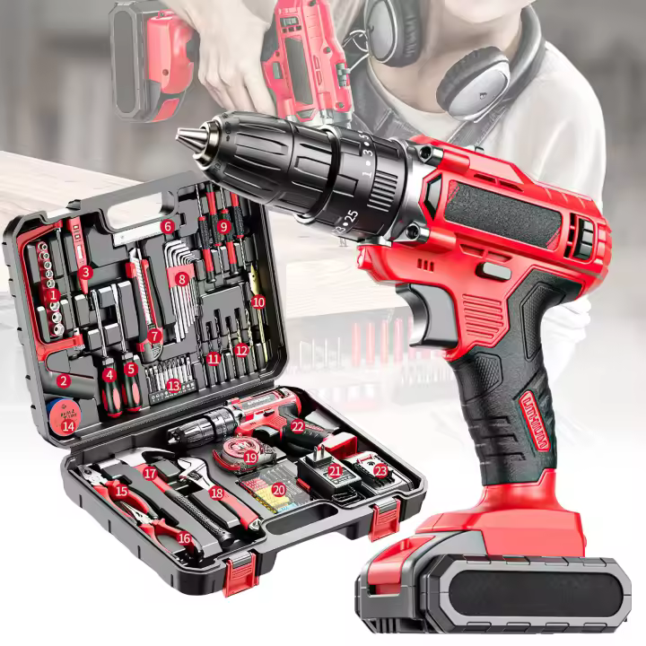 Juego de herramientas - Conjunto de herramientas con taladro inalámbrico de 21V, 117 piezas, herramientas para el hogar, perfecto para propietarios, aficionados a manualidades y profesionales, rojo - 1