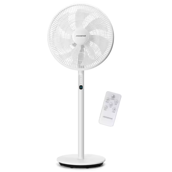 Aigostar Ventilador de Pie， 7 Aspas， Mando a Distancia， 3 Modos y 3 Velocidades， Temporizador 9 h y Oscilación 90º， 45W Altura Ajustable. Blanco Sedate - 1