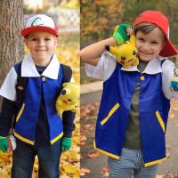 Kids Creative Cosplay Ash Ketchum Blue Jacket Anime Figure Role-playing Show Clothes Trainer Cap And Gloves Set - details 3