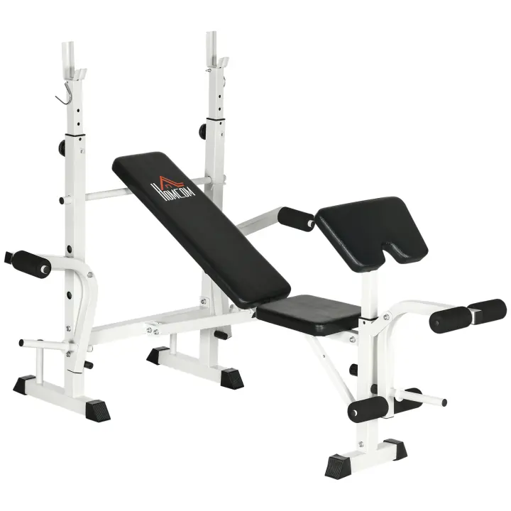 HOMCOM Banco de Pesas Multifuncional, Banco Deportivo Ajustable con Prensa de Piernas, Reposamancuernas, Reposabrazos, Press de Pecho, Banco de Entrenamiento para Entrenamiento con Pesas, Acero, Blanco + Negro - 1