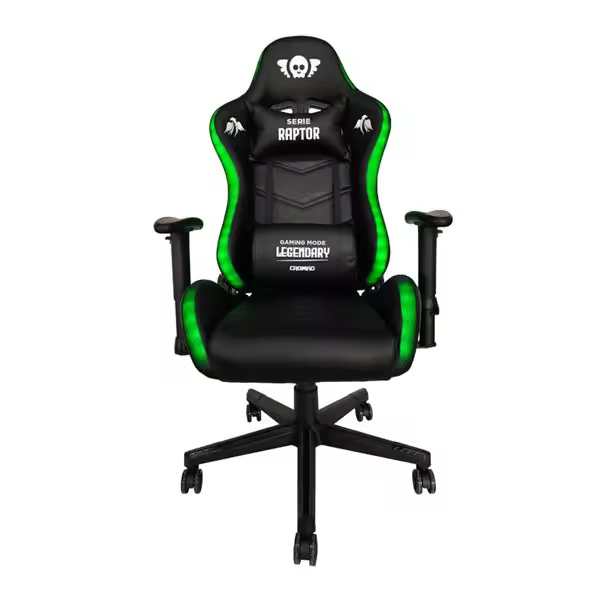 Cromad serie raptor legendary silla gaming - altura regulable con piston de gas clase 2 - reclinable hasta 180º - cojines lumbar y cervical - ruedas de nailon de 60mm - iluminación rgb - color negro - 1