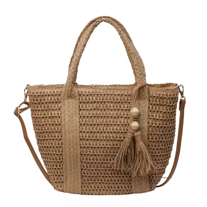 1 Pedazo Nuevo Bolso de tela de paja plegado Grande de Verano, Bolso de mano de mujer de moda con flecos, Cierres con Cremallera y Correa para el hombre, ideal para la Playa y las vacaciones - 1