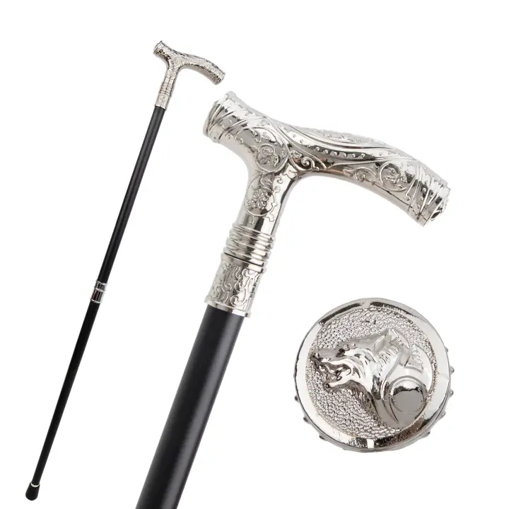 Vara De Caminar Con Relieve De Cabeza De Lobo Blanco Y Flor Totem 93cm Punta De Goma Material De Acero Moda Varita De Hombre - 1
