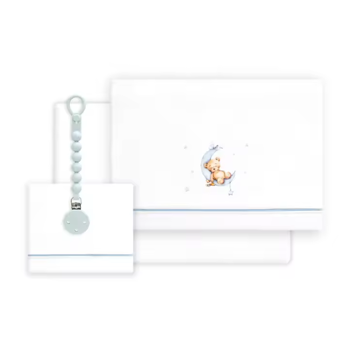 Triptico de Cuna Estampado Oso Luna Estrella + Chupetero, Color Blanco-Azul, Interbaby - 1