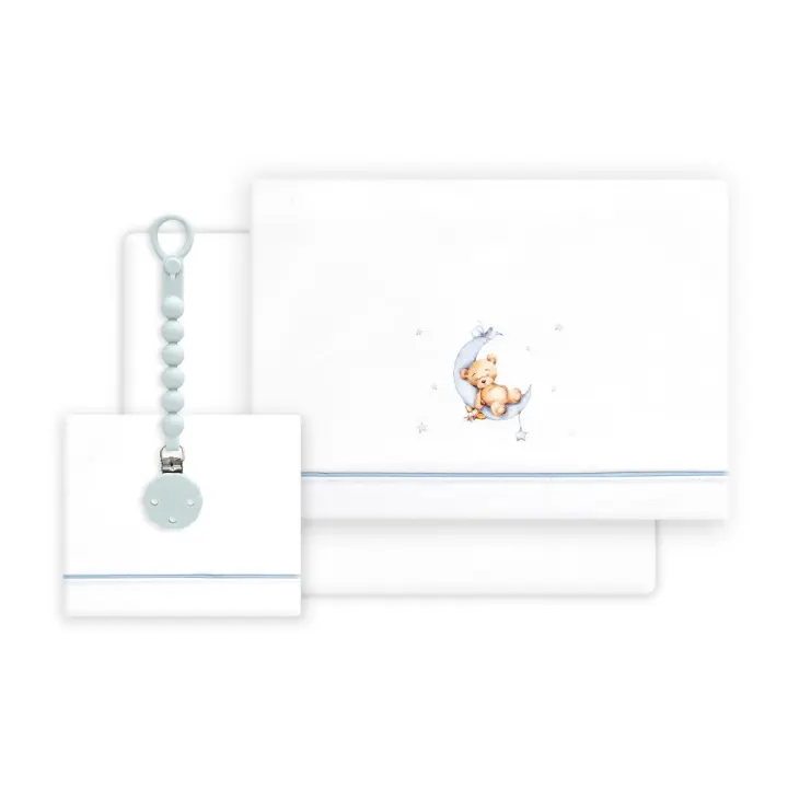 Triptico de Cuna Estampado Oso Luna Estrella + Chupetero, Color Blanco-Azul, Interbaby - 1