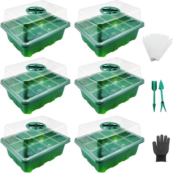 BIT Invernadero de 6 piezas, Semilleros, mini invernadero para 72 semillas de plantas, invernadero con tapa y ventilación, juego de cultivo para casa, granja y patio interior, balcón,  Bandeja de siembra alveolada, 6 piezas, 72 celdas, color verde - 1