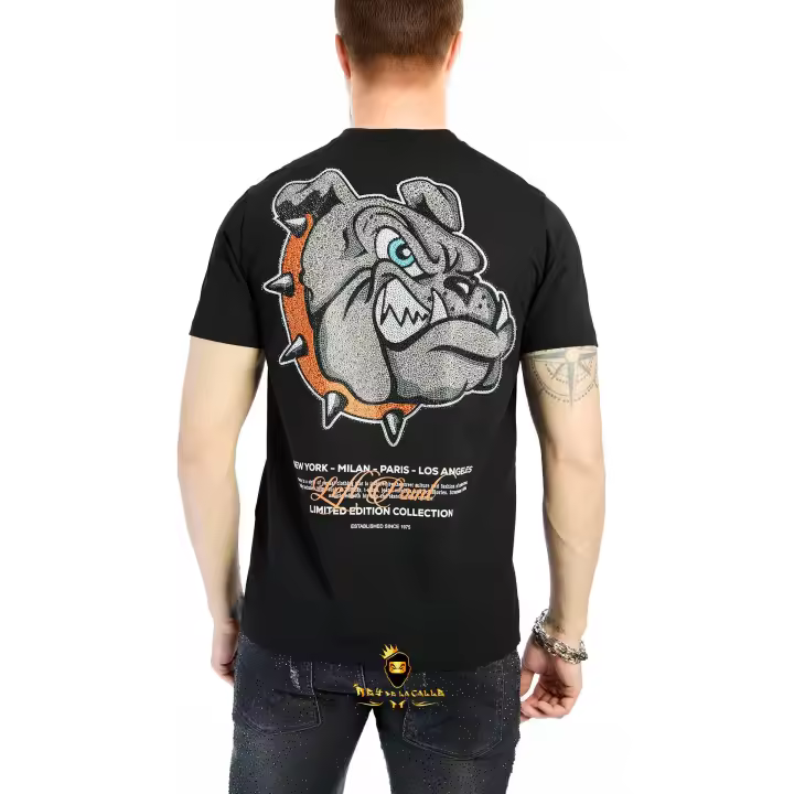 Camiseta Left Point Negra Pedrería Brillante Bulldog Collar Naranja - 1