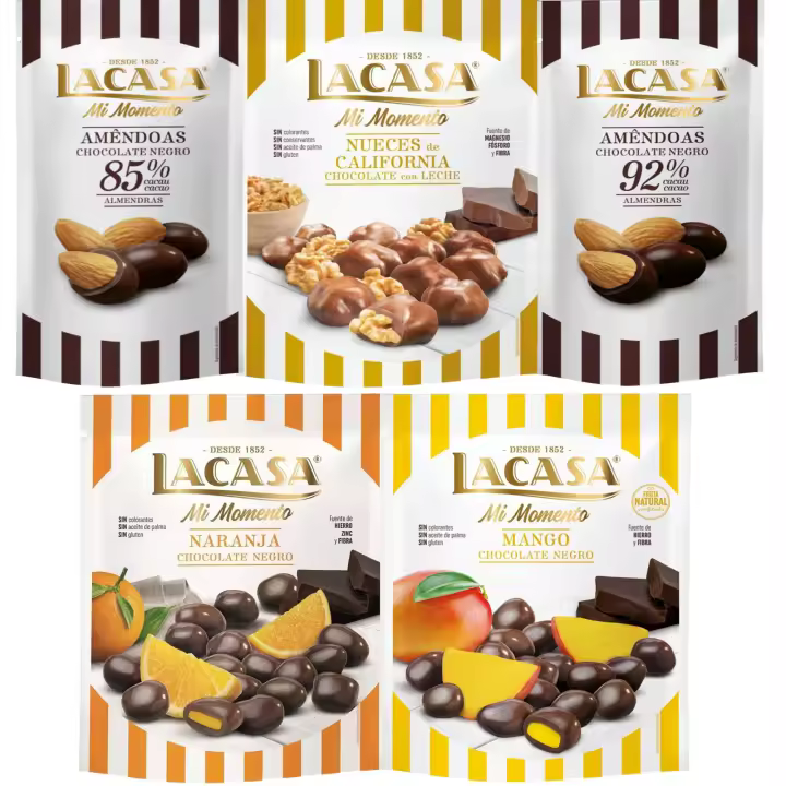 Lacasa Mi Momento pack de 5:Almendra 92% ,Almendra 85% ,Nueces Chocolate Leche ,Naranja Chocolate Negro ,Mango Chocolate Negro - 1