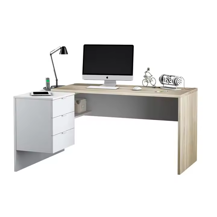 MOBELCENTER- Mesa de escritorio con cajonera y estante Blanco Artik y Roble Canadian - 1