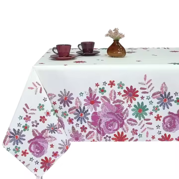 Mantel antimancha digital, Mantel lavable y impermeable, Caída decorativa, Para mesa rectangular, Tela algodón, Ideal para hogar y decoración,Fondo blanca marfil , Estilo moderno, Hojas, Flores rosado，Ancho 137cm, DM124 - 1