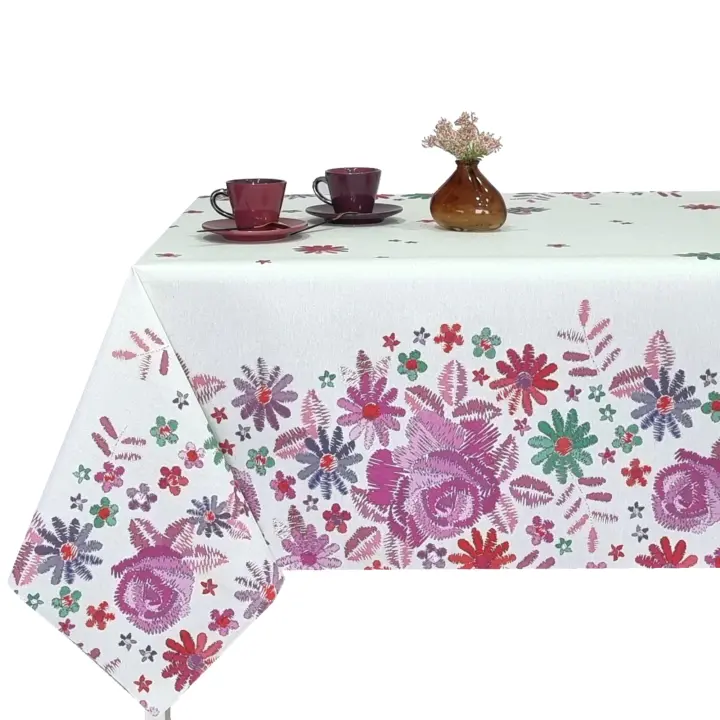 Mantel antimancha digital, Mantel lavable y impermeable, Caída decorativa, Para mesa rectangular, Tela algodón, Ideal para hogar y decoración,Fondo blanca marfil , Estilo moderno, Hojas, Flores rosado，Ancho 137cm, DM124 - 1