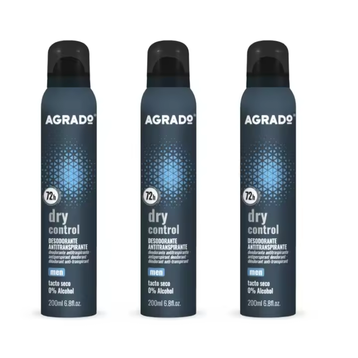 AGRADO - Pack Desodorante para Hombre, Set con Desodorante Antitranspirante Spray Dry Control Men 3 x 200 ml, con hasta 72 Horas de Protección, Tacto Seco, Eficaz y Tolerante con Todas las Pieles, CO2 Compensado y Sin Alcohol - 1