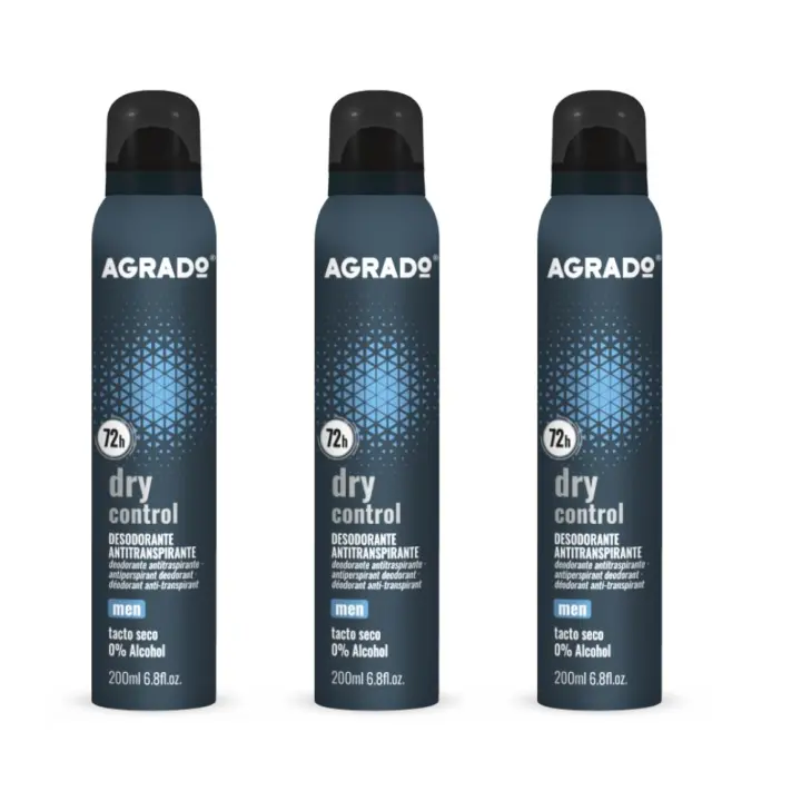 AGRADO - Pack Desodorante para Hombre, Set con Desodorante Antitranspirante Spray Dry Control Men 3 x 200 ml, con hasta 72 Horas de Protección, Tacto Seco, Eficaz y Tolerante con Todas las Pieles, CO2 Compensado y Sin Alcohol - 1