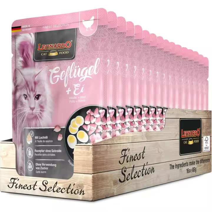 Leonardo Bolsas [16x85g Pollo + Huevo] | Alimento húmedo sin Cereales para Gatos | Alimento Completo en prácticas raciones Individuales - 1